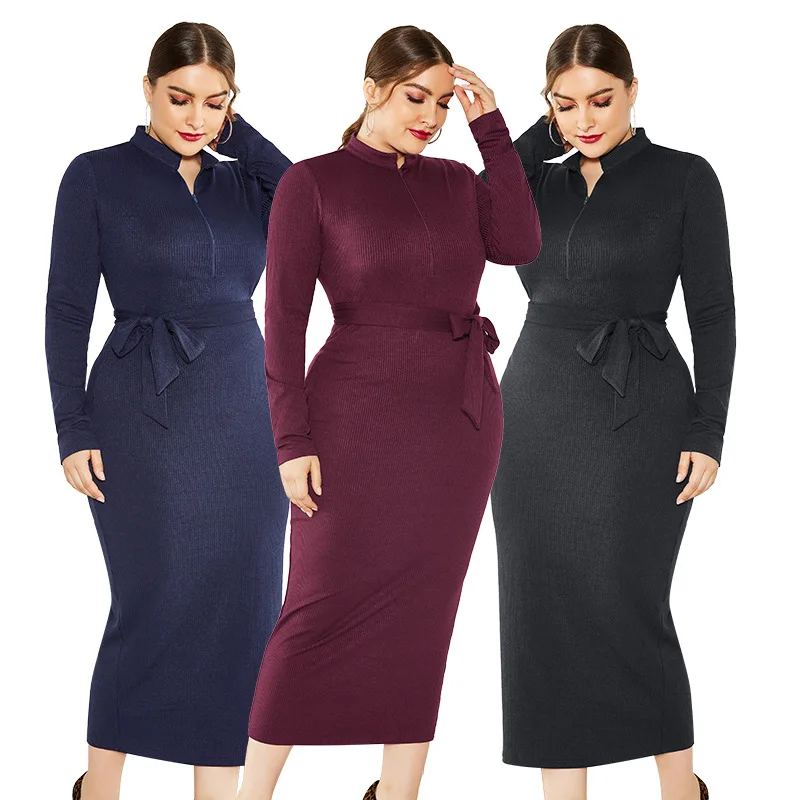 

Office Ladies Winter Sheath Midi Length Elegant Dress Side Split Slim Wine Red Black Midi Large Size 4XL 5XL Knitted Dresses