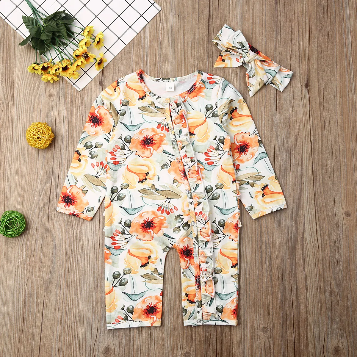 Pudcoco комплект из 2 предметов для маленьких девочек с цветочным рисунком Детский комбинезон с повязкой-бантом одежда с длинным рукавом из мягкого хлопка для маленьких девочек Костюмы