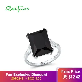 

SANTUZZA Silver Rings For Women Genuine 925 Sterling Silver Concise Baguette-cut Black Glass Cubic Zirconia Trendy Party Jewelry