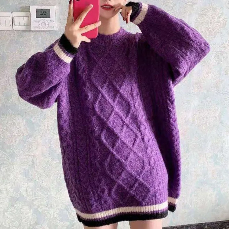 

Korean-style Mixed Colors Linen Flower Color Loose-Fit Pullover Sweater Women's 2019 Autumn And Winter Fashion Laziness-Style Mi