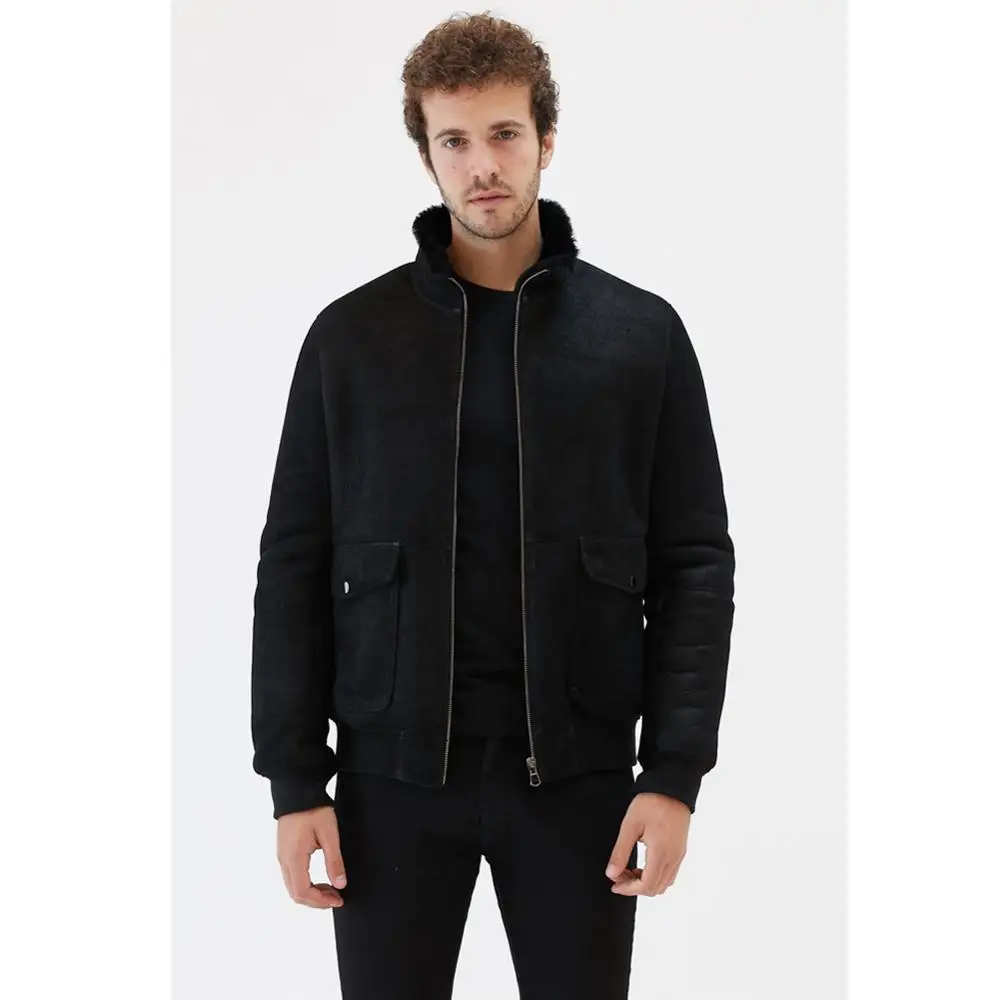 2019 New Mens College Black Shearling Jacket Turkey Fur Jacket Mens
