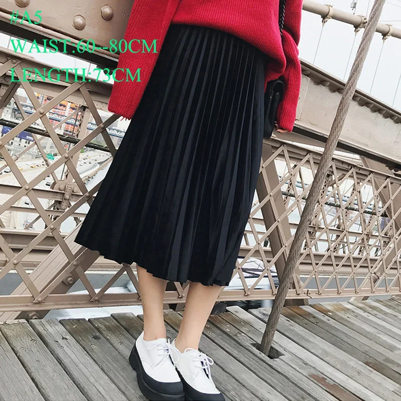 Black ( Velvet) Юбки Женские Весна Осень Мода Женская высокая талия плиссированные сплошной цвет эластичная длинная юбка Леди килт большой ярдов черный розовый - Цвет: Black ( Velvet)