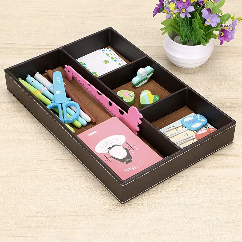  4 Slots Desk Drawer Organizer Pu Leather Drawer Storage Organizer Divider for Office Desk Supplies 