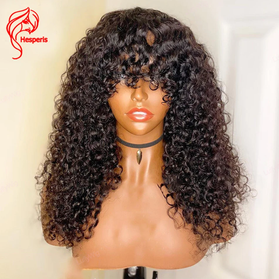 

Hesperis Curly Human Hair Wig With Bangs Brazilian Remy Wet Curl Scalp Top Full Machine Made Wig For Black Women 200 Density