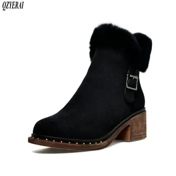 

Genuine leather Women Martin Boot Fashion Winter Warm Shoes Female Motorcycle Ankle Snow Boots For Woman Botas mujer