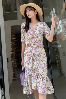 

Amoi long French style restoring ancient ways v-neck draw string purple show thin temperament floral chiffon dress