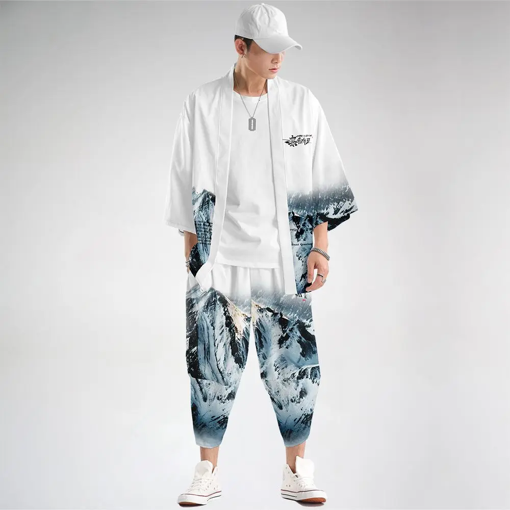 Men Traditional Clothes Kimonos White Print Japanese Kimono Cardigan Shirt Blouse for Men Yukata Robe And Pant Set