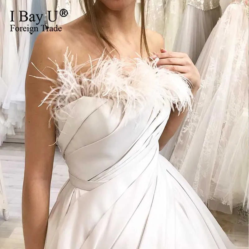 Feather Wedding Dress Vestidos de novia Illusion Back Bridal Gown Wedding Gowns
