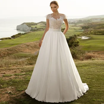 

Elegant Cap Sleeve Lace Wedding Dresses O-neck Applique A-line Chiffon Cheap Wedding Dress Bridal Gown 2020