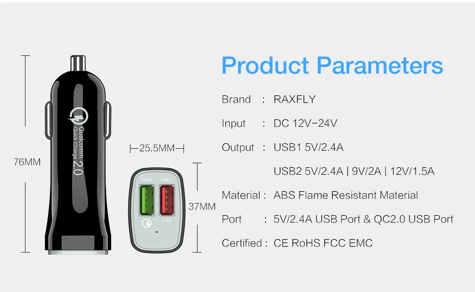 Автомобильное зарядное устройство RAXFLY 30 Вт, автомобильное быстрое зарядное устройство для мобильного телефона QC 2,0+ 5V2. 4A, двойной usb-порт, быстрое зарядное устройство для Xiaomi Mi, автомобильные аксессуары