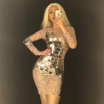 

Sparkly Silver Mirrors Dress See Through Perspective Dress Party Birthday Celebrate Costume Singer Dance DS Stage Wear DT1711