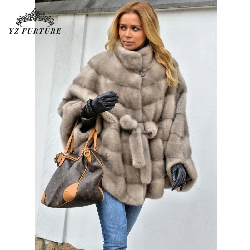 New Loose Bat Sleeved Natural Real Mink Fur Coat Many types Collars Real Fur Coat Women Winter Warm Thick Real Fur jacket