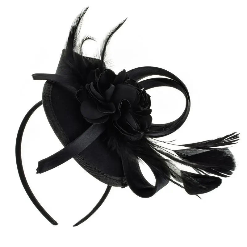 Для женщин элегантный перо верх с растительным проектом шляпа дот Кепки повязка зажим для волос Свадебные праздничные вечерние банкетные волос - Цвет: BK