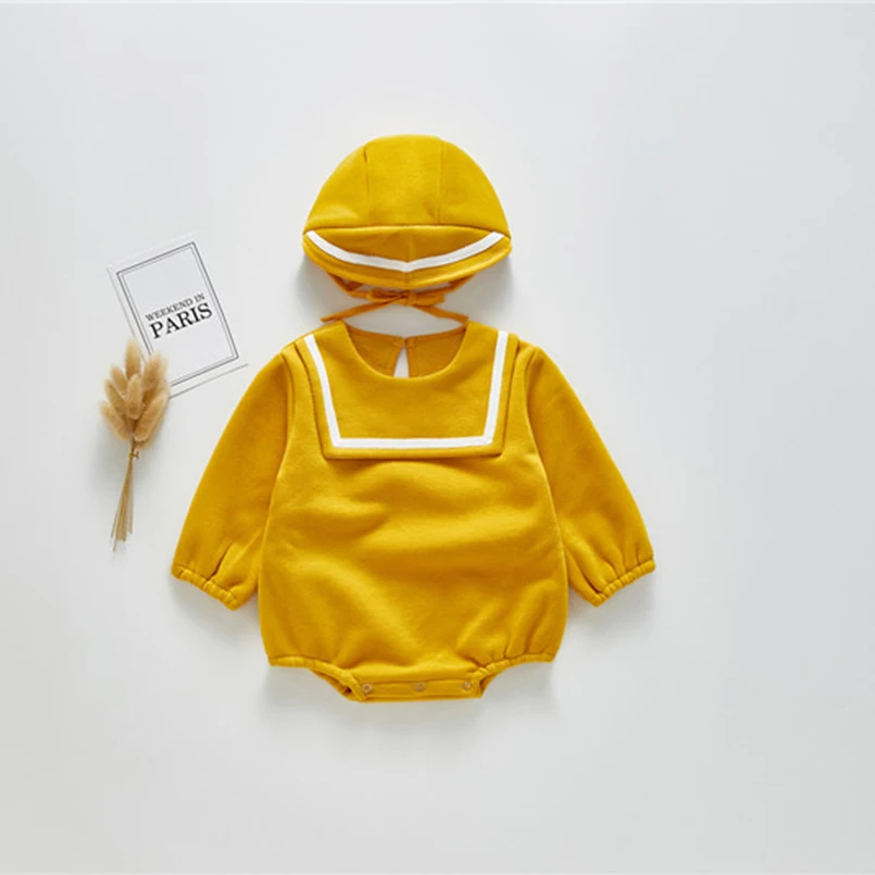Winter boys clothes thick plus velvet long sleeve infant baby bodysuit for girls sailor style jumpsuit newborn pajamas children - Цвет: yellow