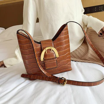 

Ladies Shoulder Bag New Retractable Bucket Bag Vintage Stone Pattern Handbag Underarm Bag