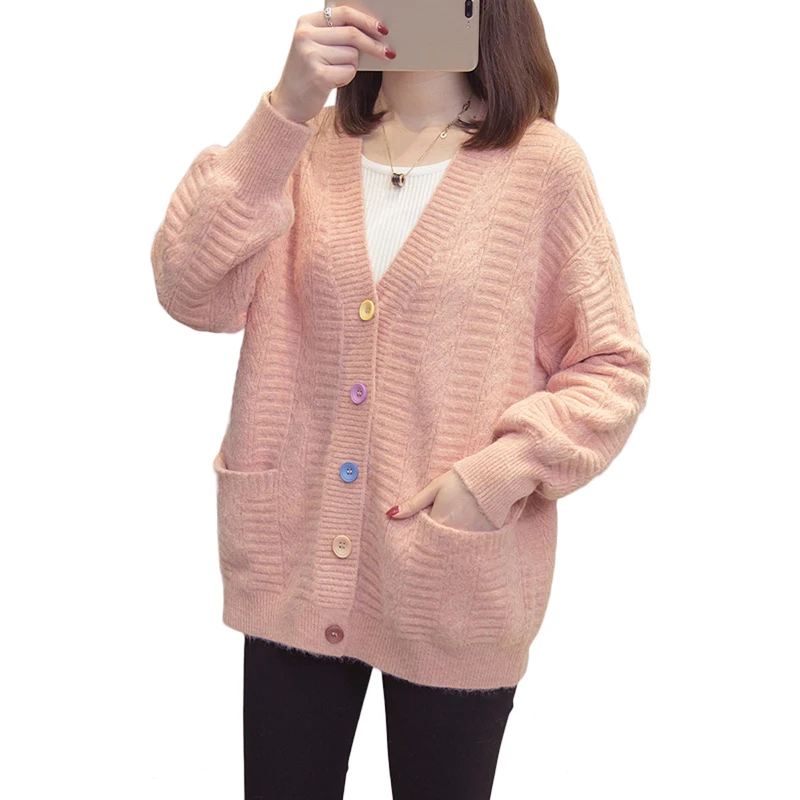 #Special Offers 2019 Women Cardigans Sweater V-Neck Solid color Loose Knitted Single Breasted Casual Thick warm Sweater Coats