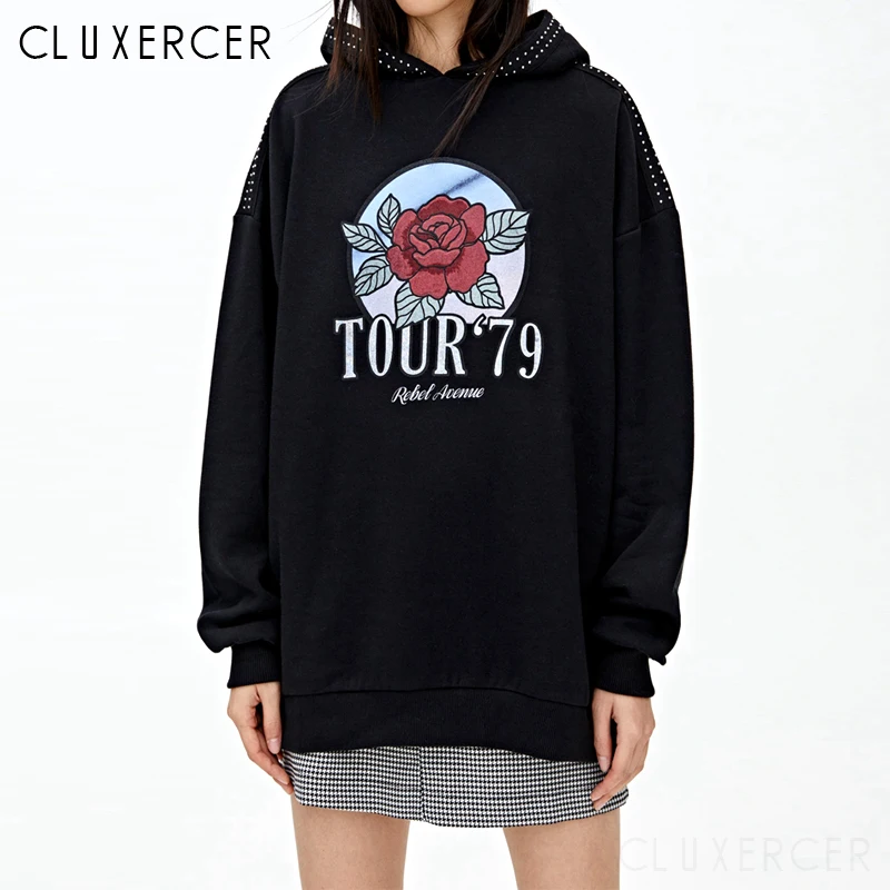 Women Hoodies Sweatshirts 2020 Autumn Winter Streetwear Rivet Rose Print Pullover Hoodie Female Casual Long Hoody