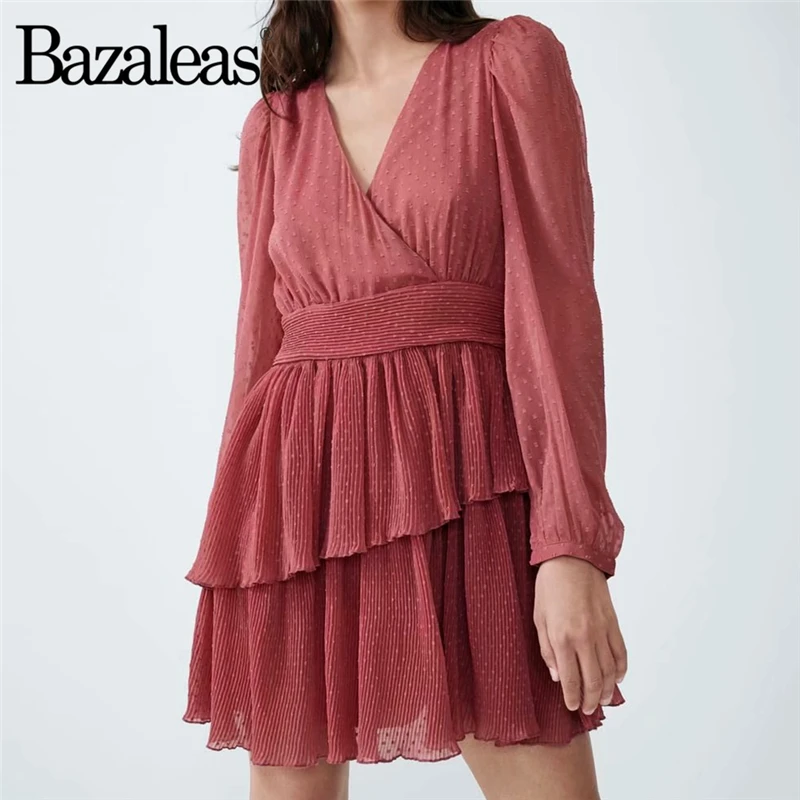 

Bazaleas Retro solid Pink V neck Sashes Women Dresses Vintage Chiffon Ruffles Women Dress stylish vestidos Dropshipping