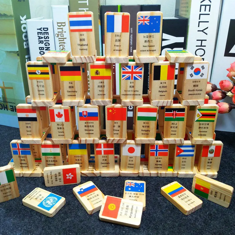 Blocos de Construção de Madeira Bandeira Nacional Dominó Brinquedos Quatro Línguas Design Blocos Crianças Brinquedo Presentes 100 Pçs 2 Brinquedos e hobbies