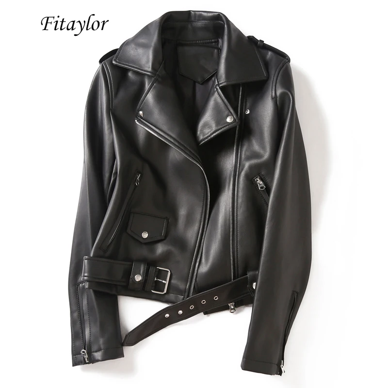Fitaylor осень-зима женские Базовые Куртки из искусственной мягкой кожи Черный панк ПУ мотоциклетный ремень на молнии короткий отложной воротник верхняя одежда