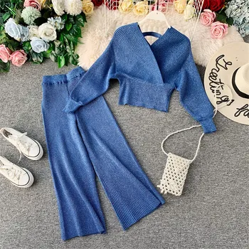 

Winter Shinny Sweater Pant Sets Women Knitted Off Shoulder Sweater Suits +Wide Leg Elastic Pants Two Piece Sets Female Outfits