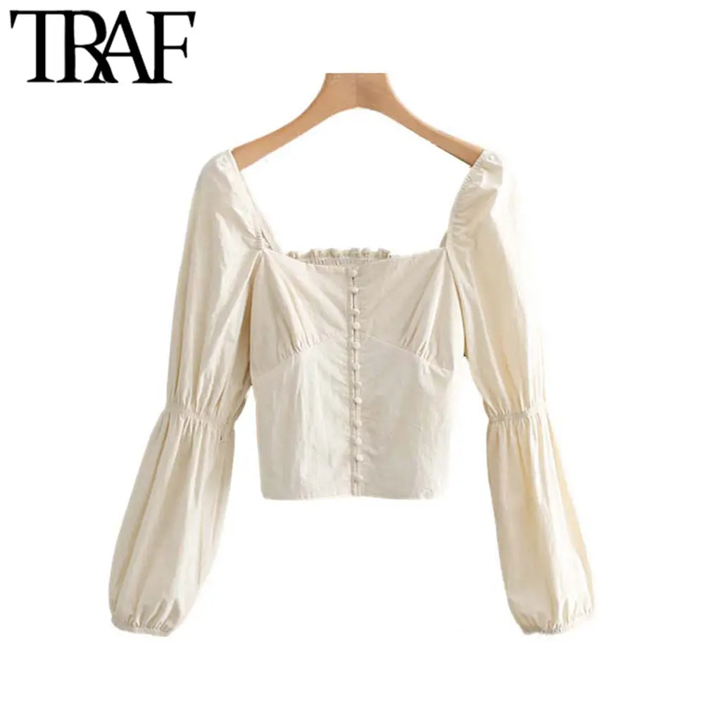 

TRAF Women Sexy Crop Top Vintage Backless Elastic Blouses Square Collar Puff Sleeve Short Style Slim Stretch Shirts Blusas Mujer