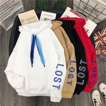 

New INS Style Sweatshirt Hoodies Women Simple Warm Long Sleeve Cute Letter Print Pullovers Plus Velvet Loose Oversized Hoodie