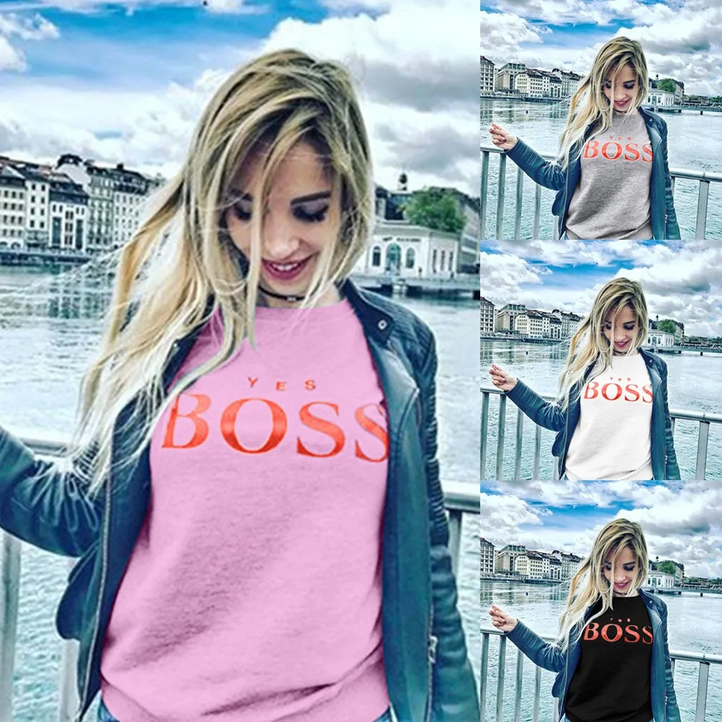 Да, с надписью Boss Harajuku свитшот с принтом плотный детский пуловер с О-образным вырезом, Для женщин толстовка женская Повседневное пальто S3