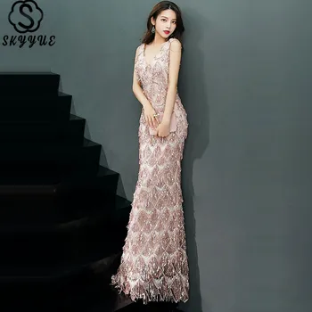 

Skyyue Evening Dress Sequin Sleeveless Women Party Dress Sexy V-Neck Robe De Soiree Backless Long Plus Size Slim Prom Dress E581