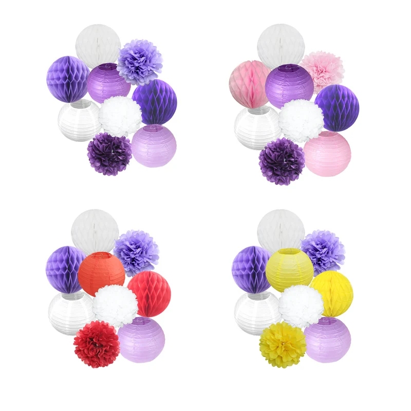 9pcs/set Purple 6"-12" White Round Hanging Paper Ball lanterns Honeycomb Tissue Pom For Wedding Party Decoration | Дом и сад