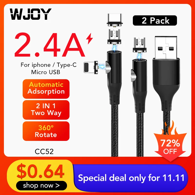 WJOY Магнитный кабель 2 в 1 Micro USB Type C адаптер зарядное устройство Быстрая зарядка