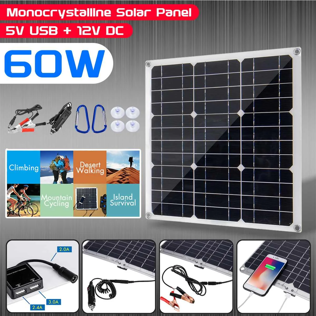 

Hot Sales 60W 18V Mono Solar Panel Dual 12V/5V DC USB Monocrystaline Flexible Solar Charger For Car RV Boat Battery Charger