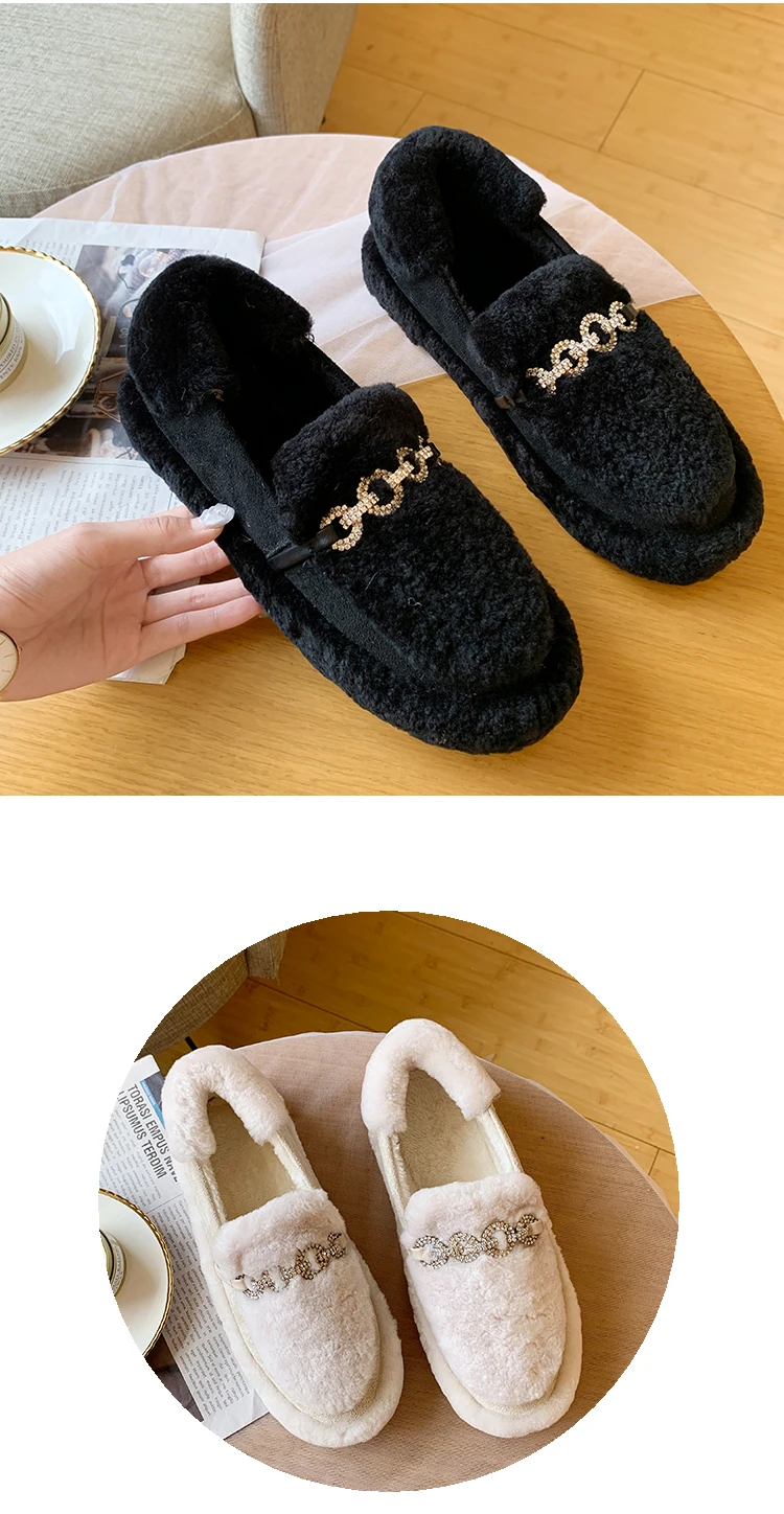 winter warm women cotton shoes creeper bottom anti-skid fur slip-on loafers rhinestone metal chain lazy outside casual moccasins