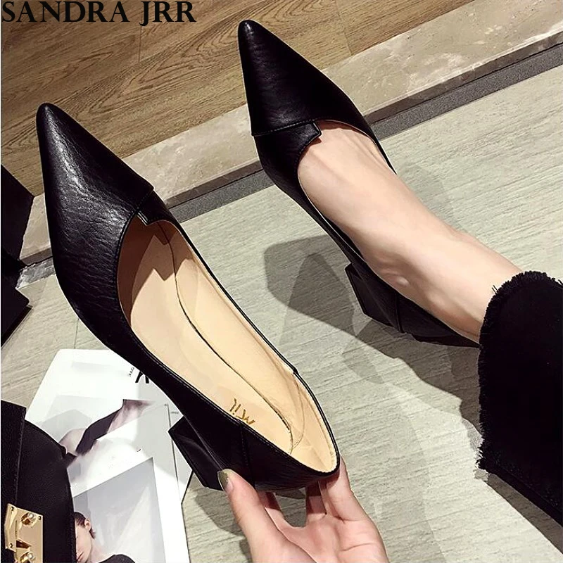 

SANDRA JRR 2020 Spring Leather Pumps Shoes Women Mid Square Heel Pointed Toe Slip On Office Lady Work Heels Casual Daily Shoes