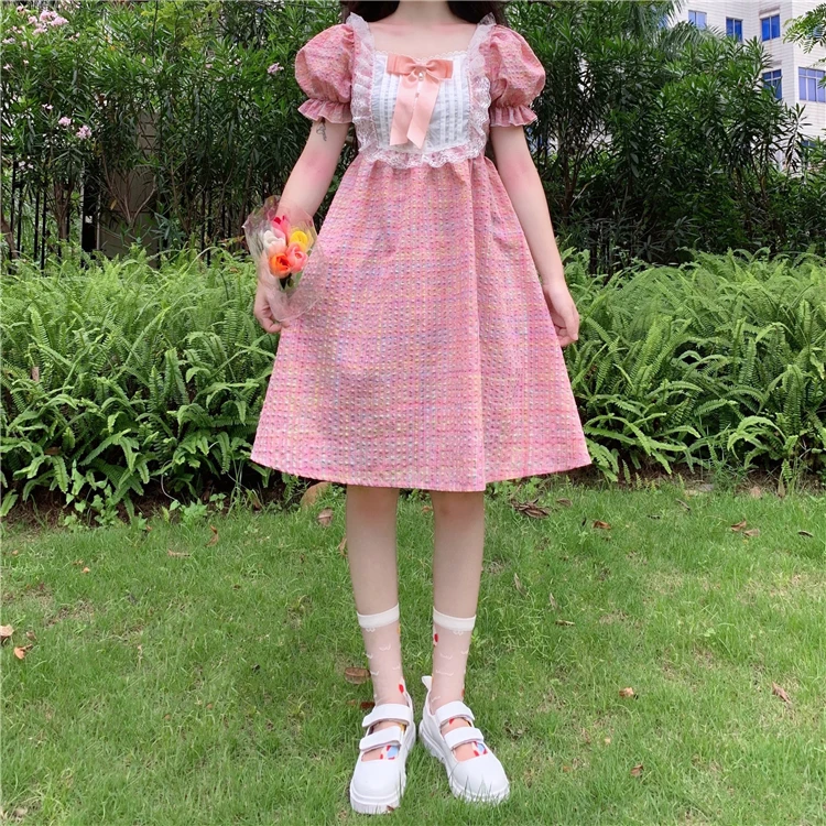 Japanese Summer Soft Girl College Style Dress Sweet Lace Square Collar Lace Bow Kawaii Puff Sleeve Dress Plaid Fluffy Dresses