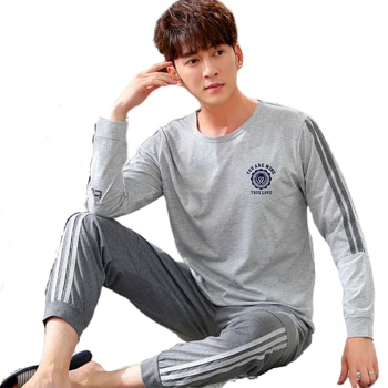 

Autumn Winter Knitted Cotton Cartoon Men's Pyjamas Striped Pajamas Set Casual Male Sleepwear Pyjamas Night Pijamas 3XL Homewear