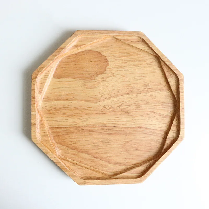 Double layer Octagon Wood Pan Plate Fruit Dishes Saucer Tea Tray Dessert Dinner Bread Plates Solid | Дом и сад