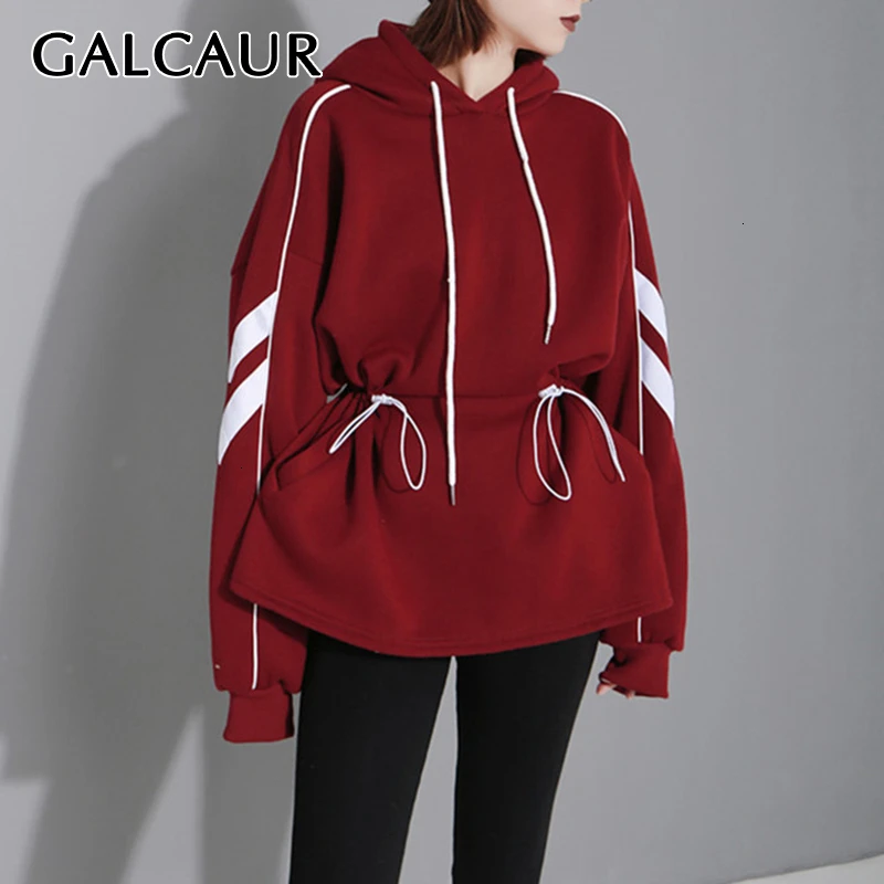 GALCAUR Print Hit Color Sweatshirts Female Hooded Collar Lantern Long Sleeve Drawstring Casual Autumn Sweatshirt Women Tide New