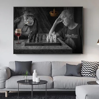 

Monkey Playing Chess Creative Art Paintings Print on Canvas Art Posters and Prints Black And White Animals Art Pictures Cuadros