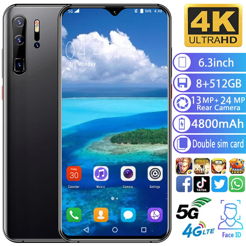Smartphone P30pro phones MTK6592 6.3inch HD Mobile phone 1440*3040 Unlocked smartphone 8GB+512GB Camera 13MP+24MP