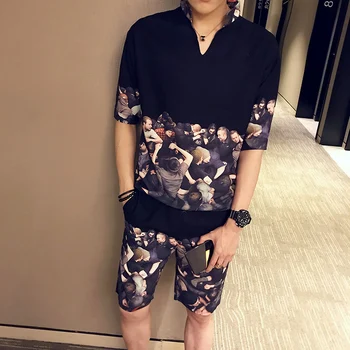 

Fashion Trend Cotton Printing Color Casual Slim Street Sportswear Two-piece 2020 Men's Shorts Short-sleeved Two-piece Hot Sale