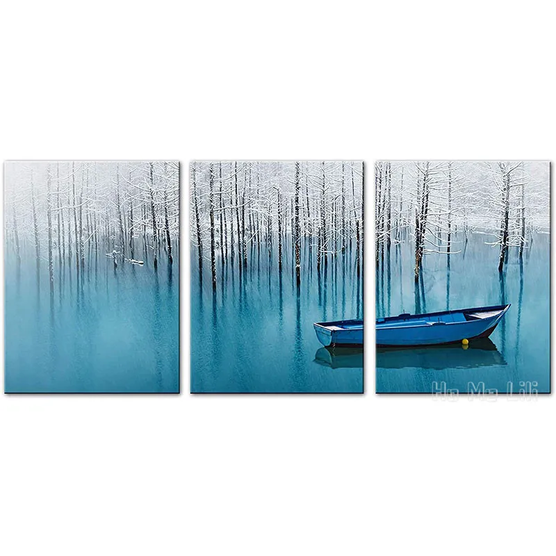 

Canvas By Ho Me Lili Wall Art Teal Blue Birch Tree Forest Painting Boat In Lake Landscape Artwork Decoration