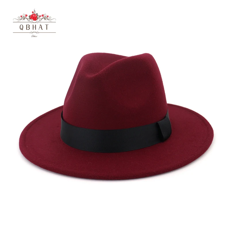 QBHAT Men Women Flat Brim Jazz Wool Felt Fedora Hats Black Ribbon Decoration Simply Unisex Panama Gambler Hat Trilby QB54