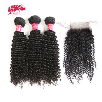 

Ali Queen Afro Kinky Curly Weave Bundles With Closure One-Donor Unprocessed Virgin Brazilian Human Hair 4x4 Swiss Lace Free Part