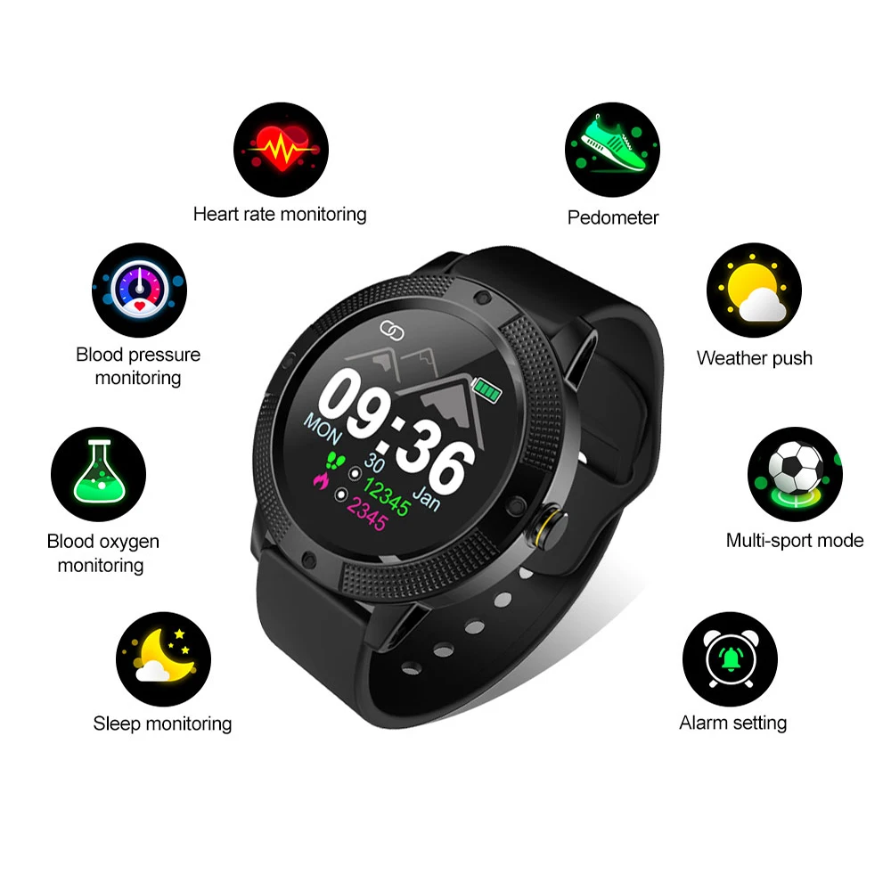 

YH2 Bluetooth Smart Watch 1.3 Inch Full Touch Heart Rate Blood Pressure Acceleraton Pedometer Call Reminder IP67 For IOS Android