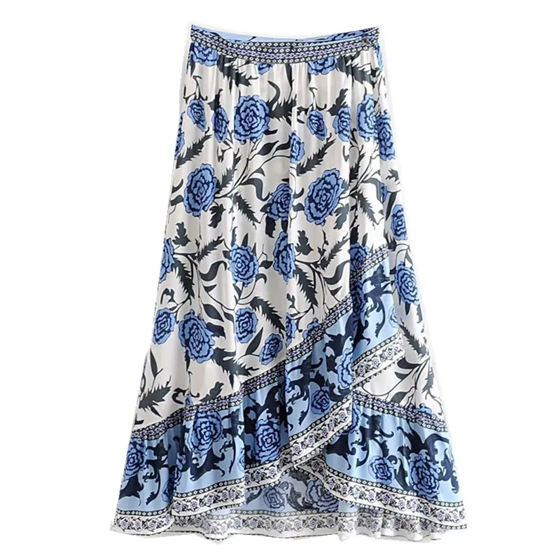 New Bohemia Red White Flower Print Front Split Ruffles Hem High Waist Asymmetrical Swing Women Wrap Skirts Holiday - Цвет: Синий
