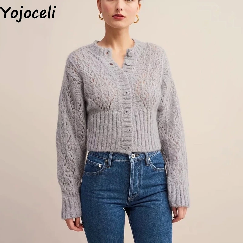 Yojoceli выдолбленный вязаный Повседневный свитер женский осенний крутой элегантный короткий вязаный Топ женский фитнес мягкий свитер кардиган