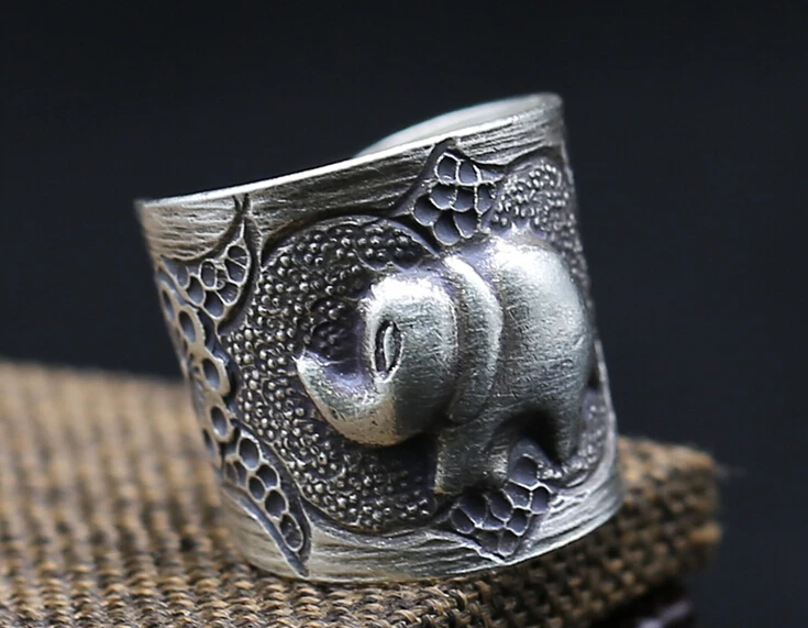 Direct sales S925 sterling silver fashion hand carved elephant series old opening Tibetan Silver Ring men and women accessories | Украшения