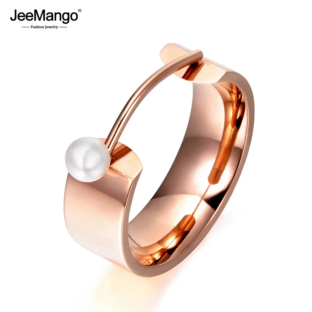 JeeMango Original Design Simulated Pearl Rose Gold Color Ring Jewelry Titanium Steel Engagement Wedding Rings Bague JR17142 | Украшения и