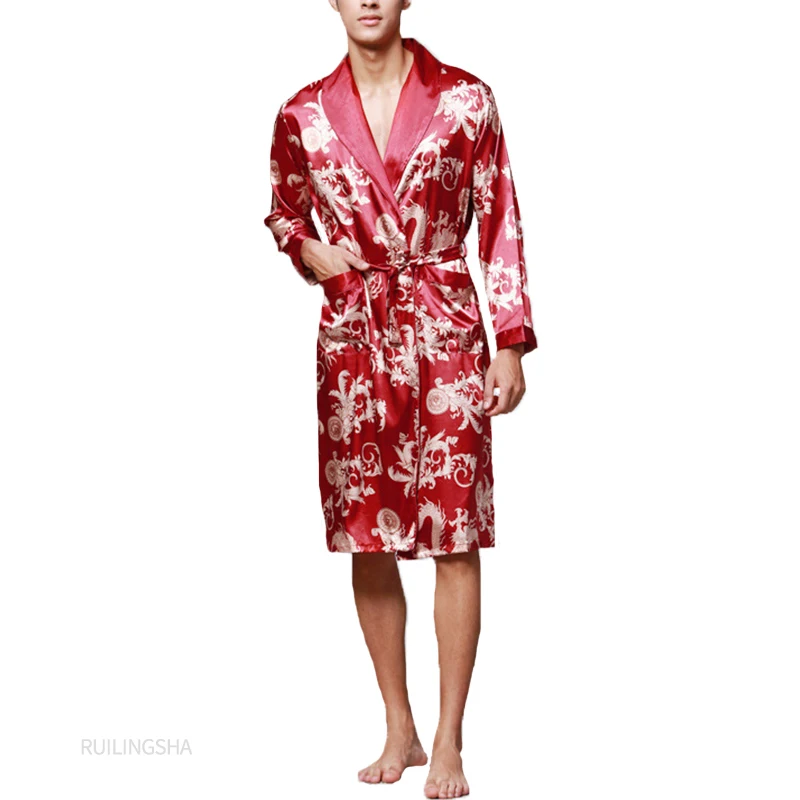 red silk pajamas Fashion Men's Bathrobe Silk Kimono Long Sleeves Robe Chinese Lucky Dragon Print Pajamas Men Gown Bathrobe Men Homewear Sleepwear silk loungewear